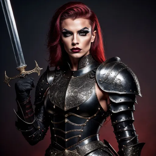 Prompt: A gorgeous muscular 25-year-old British drag queen (medieval knight), (black armor), gripping sword in hand, fierce expression (strong masculine jawline and brow features), dramatic pose, intricate armor details, dark and moody color palette, dark eyeshadow and dark red lipstick, cinematic lighting, highly detailed, stormy background, strong and powerful presence, evokes a sense of bravery and strength, captivating and intense atmosphere, ultra-detailed, 4K resolution, ready for battle. Full body view