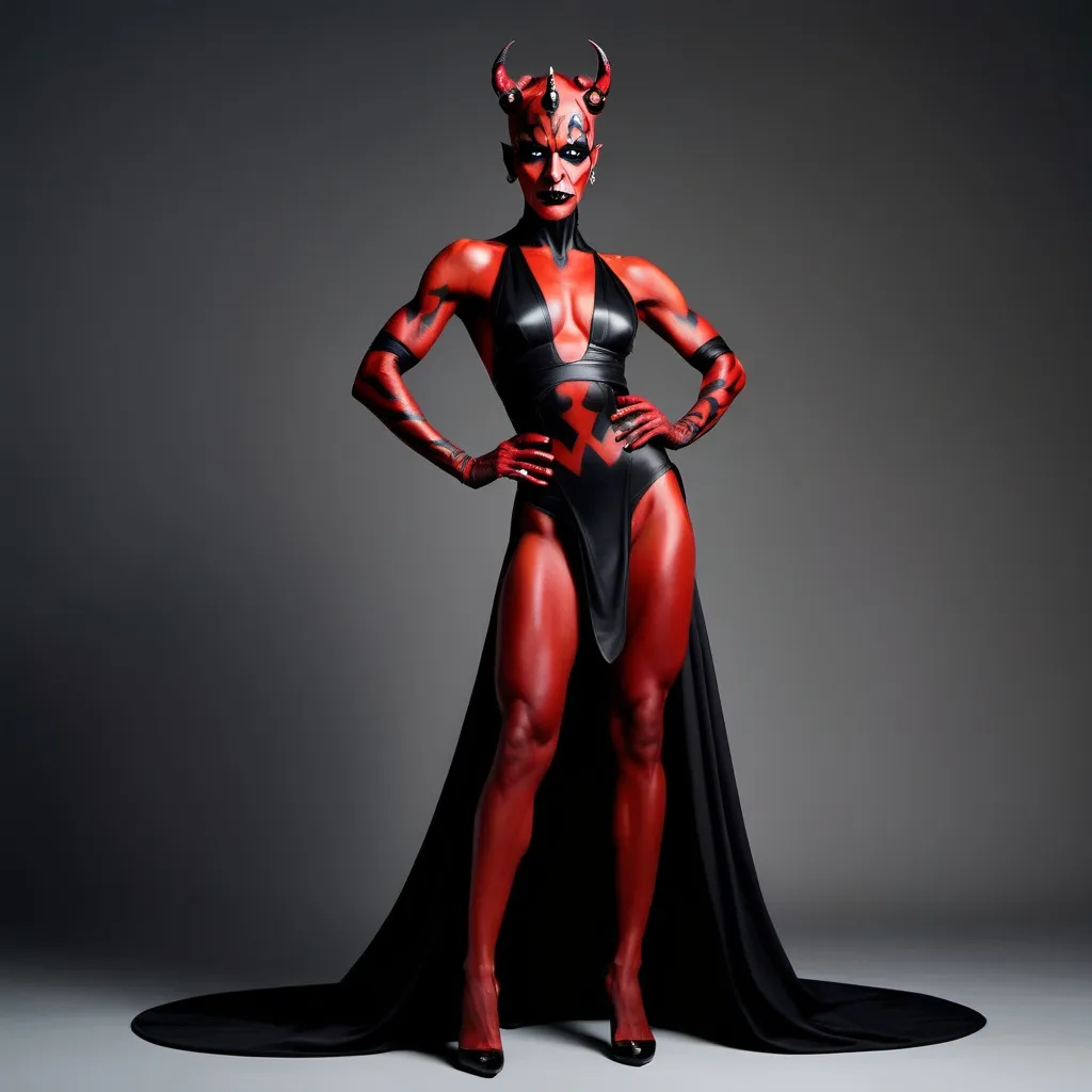 Prompt: If Darth Maul was a gorgeous supermodel drag queen (full length photo) with long muscular legs and a very muscular physique