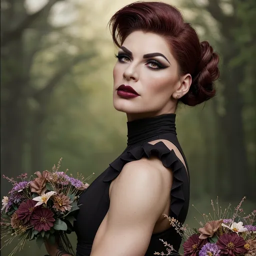 Prompt: award-winning full-length portrait of a gorgeous muscular drag queen (strong masculine jawline and facial features) with dark red updo hair, dark eyeshadow,  and dark lipstick, chic floral dress, outdoors, dainty bouquet of wildflowers, high-quality, oil painting, detailed floral patterns, serene atmosphere, elegant, natural lighting