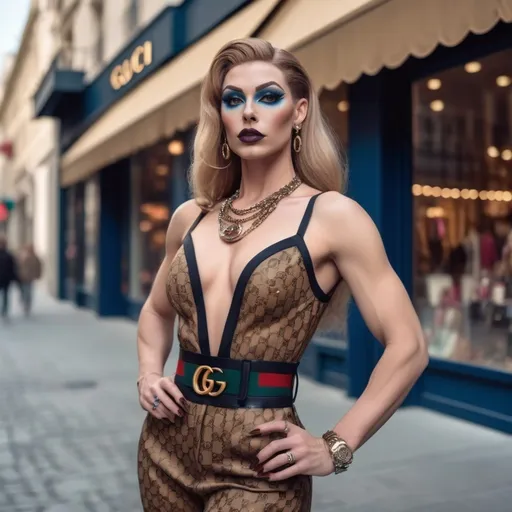 Prompt: A gorgeous muscular 25-year-old French drag queen Instagram influencer with medium busom, dark blonde hair, darkeyeshadow,  heavy mascara, and dark lipstick, blue eyes, photoshoot. in a outdoor fancy area. background Gucci store. 

photorealistic, (realistic skin texture)
high dynamic range.