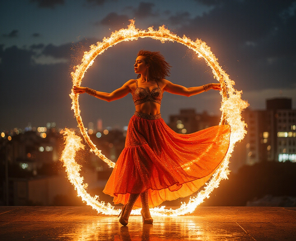 Prompt: Watercolor impressionist art, professional elegant circus stunning muscular 25-year-old French drag queen performer wearing intricate dance outfit playing a set of hula hoops made of lava elements and burning charcoal with elegant action on top of a building , and  a fire elements come out from inside her forming a orange and red trail of sparkling dress, illuminated bokeh twinkling glittery background. studio lighting. Mesmerizing and spectacular splendid performance. Masterpiece of art, thrilling and exciting to view from the audience.