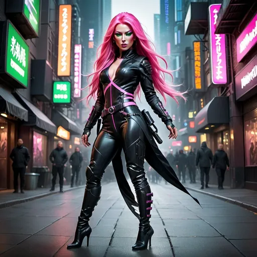 Prompt: hyperrealistic ((full body length)) image of a Gorgeous 35-year-old ninja drag queen goddess, ridiculously long pink straight shiny hair (((blowing in the wind))), green eyes, wearing a tight form-fitting black catsuit and 8 inch high heel boots, ready to engage posture in an illuminated city center at midnight, armed with a katana, wearing a tactical utility belt. Science fiction cyberpunk scenario. highres, 8k, masterpiece, detailed face, detailed hair, detailed eyes, detailed body, perfect anatomy. Composition focus on full-body and legs.