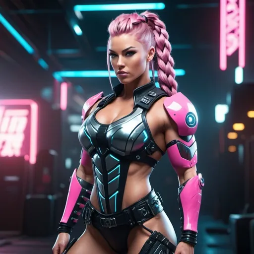 Prompt: 64k UHD detailed digital photograph of a caucasian gorgeous ultra-muscular 25-year-old Norse goddess bodybuilder with ridiculously long wavy pink braided ponytail, cyberpunk outfit, 8 inch stiletto high heel shoes,unreal engine 5, hip hop punk style, perfect autonomy body shape, muscular yet slim, detailed muscular structure, intense and authoritative gaze, futuristic Nordic setting, cool and edgy atmosphere, detailed armor with cybernetic enhancements, glowing holographic elements, high-res, ultra-detailed, anime, hip hop punk, futuristic, detailed muscles, urban setting, Victorian Nordic, powerful stance, professional, dynamic lighting