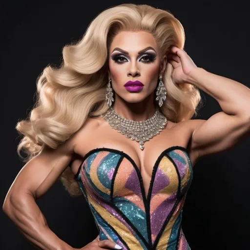 Prompt: Gorgeous, muscular, drag queen (with very strong masculine jawline) with long luscious blonde hair and wearing a beautiful designer dress and heels.