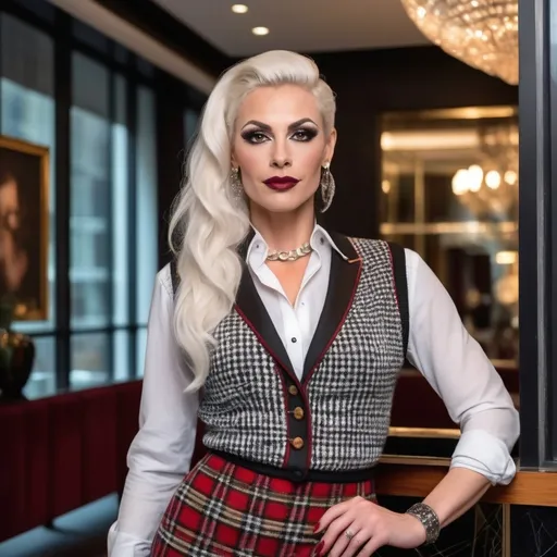 Prompt: Gorgeous muscular 35-year-old German drag queen (strong masculine jawline and brow) with long luscious platinum blonde hair, dark smoky eyeshadow, heavy mascara and dark red lipstick, smile, silver jewels, chic white blouse, tweed sweater vest, plaid pencil skirt, standing profile in a luxe lobby, well lit, high detail & quality, 8k, pro photo.