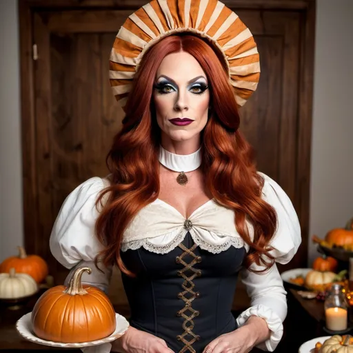 Prompt: Gorgeous muscular 35-year-old British drag queen pilgrim with auburn hair dress in Pilgrim attire and posing at the very first Thanksgiving.