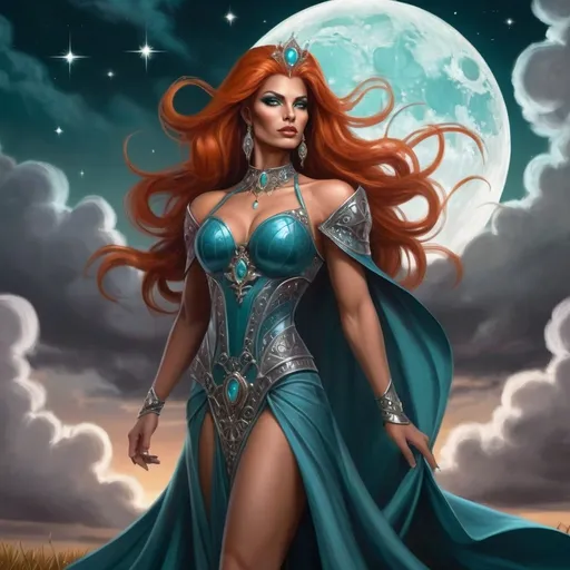 Prompt: The Queen Of Time And Space, a gorgeous muscular drag queen (with strong masculine facial features), Dark orange hair and big busom, in a Teal dress standing in a field of clouds and stars with a full moon behind her, Anne Stokes, fantasy art, epic fantasy character art, concept art