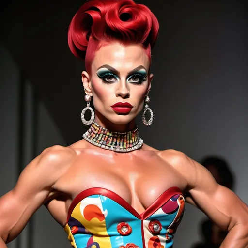 Prompt: Gorgeous ultra-muscular 25-year-old Czechian drag queen bodybuilder with long dark red stylish updo wearing a (Moschino dress), high fashion design, colorful patterns, playful and vibrant, couture elegance, luxurious texture, striking silhouette, artistic flair, runway-inspired style, intricate details, eye-catching embellishments, bold color palette, fashionable ambiance, (ultra-detailed), high-quality craftsmanship, fashion illustration vibes, stylish ensemble, (vivid colors), aesthetically stunning.