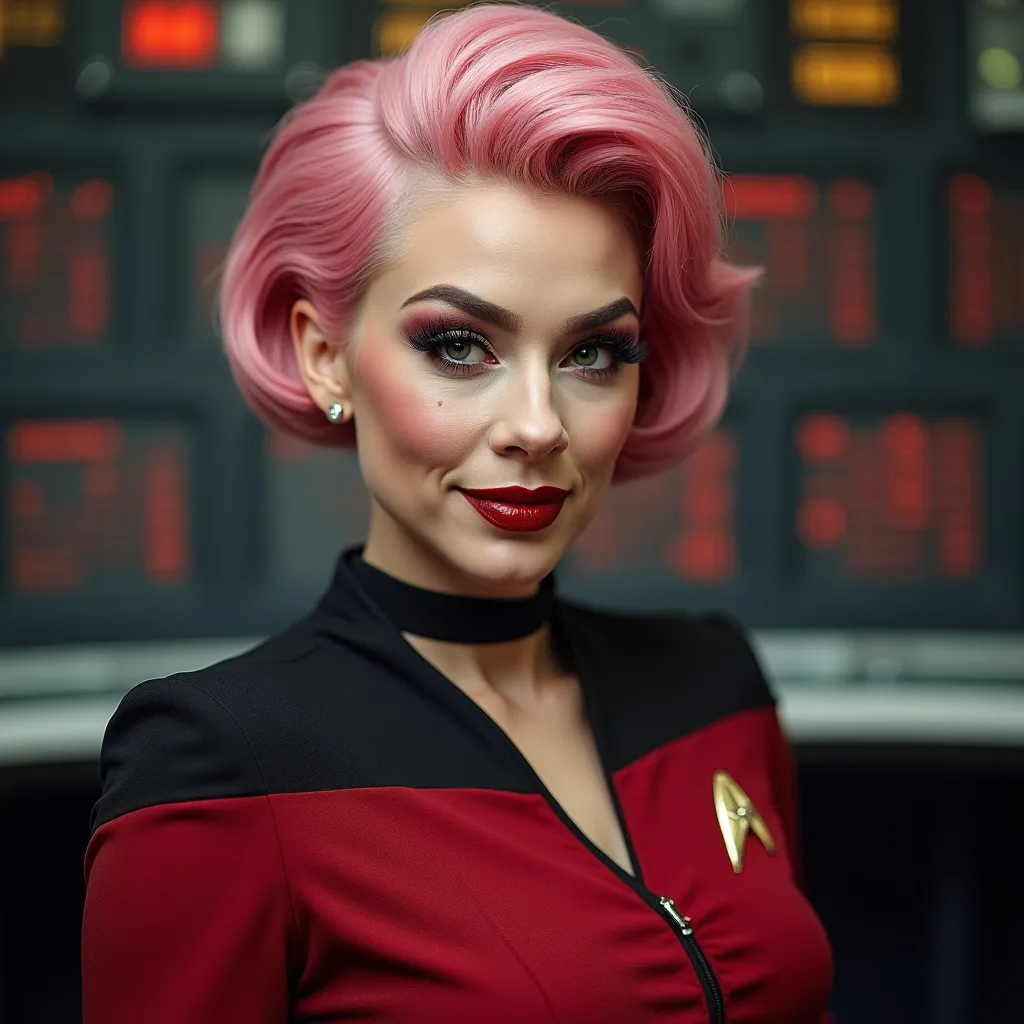 Prompt: Gorgeous ultra-muscular 25-year-old Czechian drag queen, Chanel Santini, Star Trek Uniform, harness:1.4, full lips, short swept over pink hair, heavy mascara, dark eyeshadow, dark red lipstick, Bridge Command Center Background, instagram pose, smiling, raw photo, sharp focus on eyes, film grain, magazine cover, high quality, clothing details, fine fabric, full body, art student, (official art, extremely detailed CG unity 8k wallpaper), beautifully detailed eyes, detailed fine nose, detailed fingers, (8k), (best quality), ( masterpiece:1.2), (realistic), ( photorealistic:1.57), extremely detailed handsome gentlebeing, couture, magazine cover, textless, high quality, clothing details, fine fabric, full body, 8k, cinematic lighting (high detailed skin:1.1) ,Enhance,Golden Inspiration