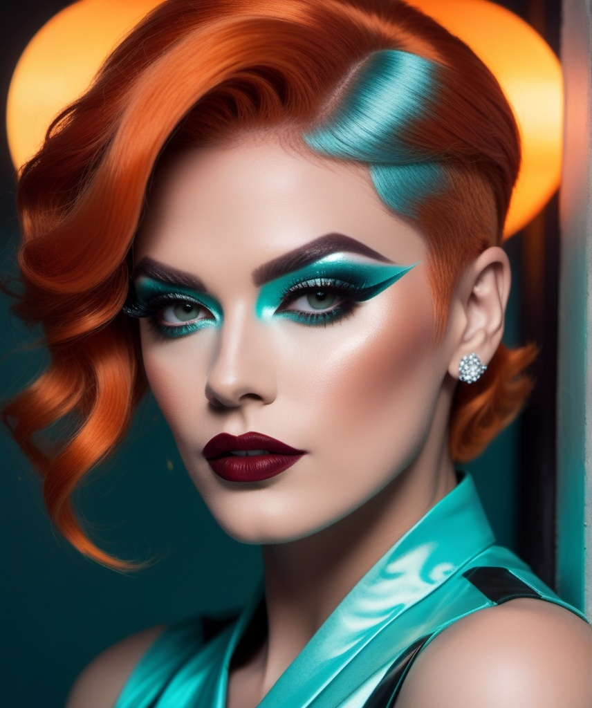 Prompt: A very handsome man dressed up as a Gorgeous 25-year-old drag queen, short swept over stylish orange hair, smoky eyeshadow,  dark red lipstick, retrofuturistic film noir by Quentin Tarantino, teal glowing haze dreamy atmosphere.