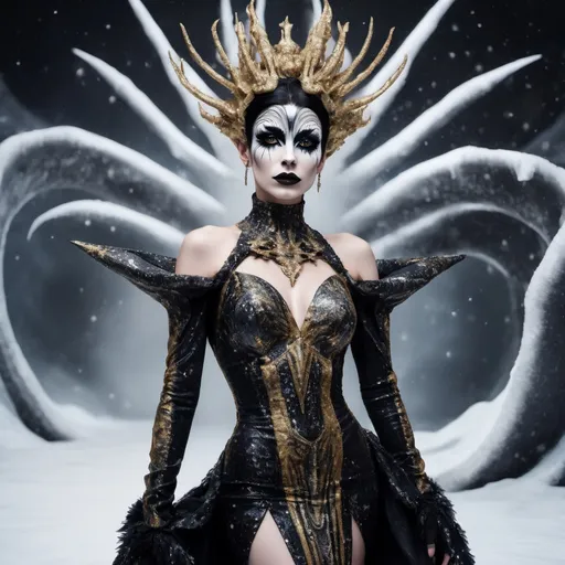 Prompt: Full body, Hyperrealistic gorgeous Czechian drag queenwearing eccentric couture dress made of black, white and gold marble inspired by the xenomorph, with giant dark frost ice crystals on the shoulders decor, looking directly at camera, dark eye makeup, dark lipstick, inspired by Klimt, against dark snow background