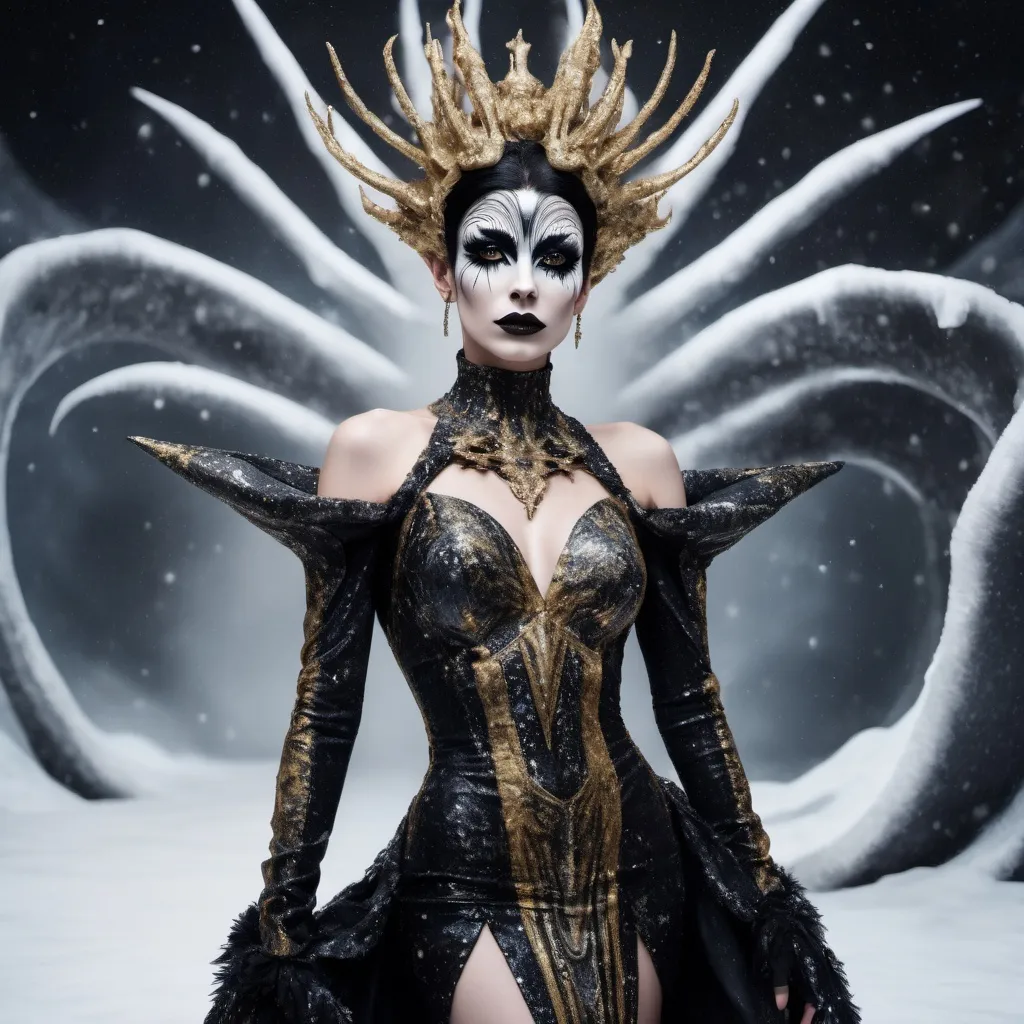 Prompt: Full body, Hyperrealistic gorgeous Czechian drag queenwearing eccentric couture dress made of black, white and gold marble inspired by the xenomorph, with giant dark frost ice crystals on the shoulders decor, looking directly at camera, dark eye makeup, dark lipstick, inspired by Klimt, against dark snow background