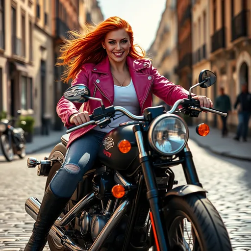 Prompt: photorealistic, (8K) image of a beautiful ultra-muscular 25-year-old Swedish drag queen bodybuilder riding a Harley-Davidson Softtail, (elegant) European cobblestone street, (sun-kissed) atmosphere, windswept dark orange hair, sparkling green eyes, flawless diamond face, (curvaceous) figure, stylish hot pink leather jacket, white Tshirt, ripped denim jeans, chic black leather 8 inch stiletto high heel boots, radiant smile, (highly detailed) and vibrant colors, create an inviting and cheerful ambiance.