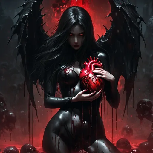 Prompt: From the depths of hell rises a female figure in black with a bloody human heart in her hand. 