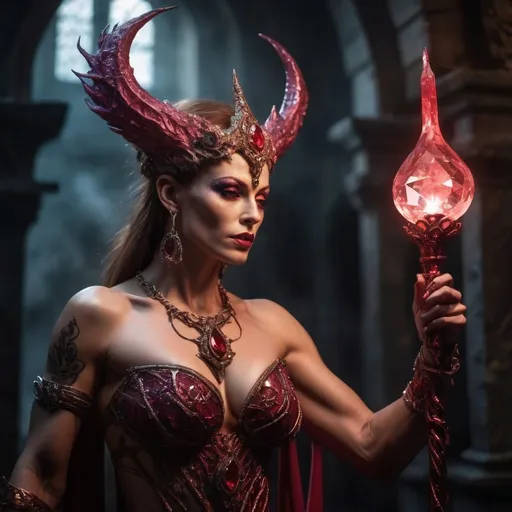 Prompt: A gorgeous muscular 35-year-old French drag queen bodybuilder sorceress from ancient times stands in the dimly lit dungeon of a grand castle, wielding a sacred ruby-encrusted staff. Ethereal wisps of magical energy swirl around her as she chants an incantation, her eyes glowing with an otherworldly light.  The atmosphere is filled with a sense of mystery and enchantment, as shimmering arcane symbols illuminate the air, marking the climax of an intense battle between magic and beast. Luxury  Ruby Necklace(hyper intricate realistic detail)