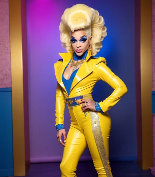 Prompt: High-quality detailed digital photograph of Prince dressed as a 27-year-old Russian drag queen in a cute yellow & blue outfit and wearing cute 8 inch stiletto high heel shoes, long straight loose silver & gold ponytail, wearing a cute cross-body handbag, vibrant and colorful, adorable expression, soft lighting, detailed eyes, professional, 4k, ultra-detailed, cute outfit, long straight high ponytail, platform high heel boots, cute cross-body handbag, adorable expression, soft lighting