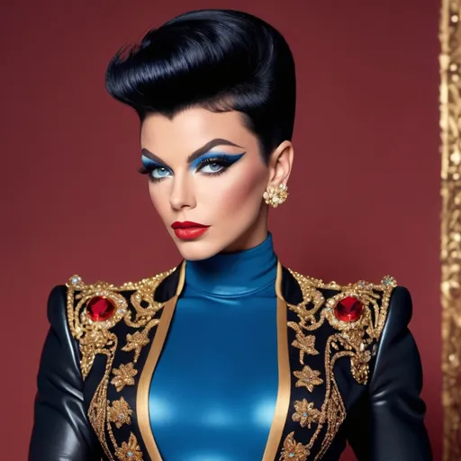 Prompt: If frank Sinatra dressed up as a Gorgeous ultra-muscular 25-year-old French drag queen bodybuilder with short black spiky hair, high and tight, and blue eyes, clothes, black jacket with ornate, stitches and pieces that made it fit perfectly, Gold and red thread glimmered ornate designs over the entire thing and the gold jewled buttons.  black polished 8 inch stiletto high heel boots