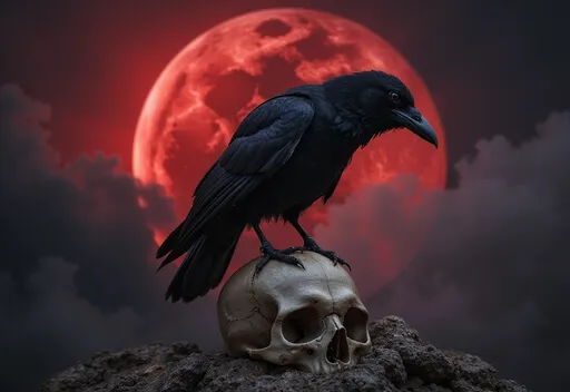 Prompt: A raven sitting atop a human skull lit by a blood moon