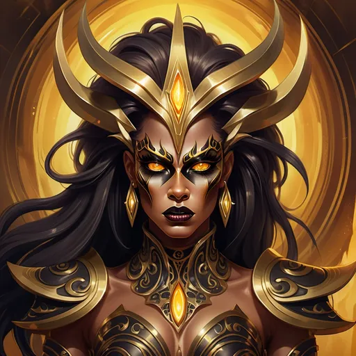 Prompt: This is a digital art fantasy illustration that depicts a powerful, demonic drag queen character with dark, flowing hair. a cyclops with one eye. Her sharp, angular features and intense, golden eyes convey strength and determination. The character's armor is ornate and jagged, with glowing gold highlights, enhancing his formidable presence. The warm, golden background features a surreal, otherworldly landscape with tall, spire-like structures and a reflective, shimmering body of water. The dynamic pose, detailed armor, and glowing atmosphere suggest a warrior of immense power, evoking a sense of majesty and danger. Digital art illustration