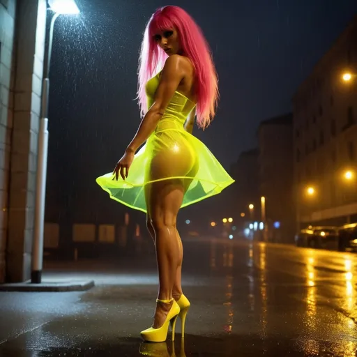 Prompt: dark street, Croatian ultra-muscular dance girl with long pink hair wearing very short neon yellow color transparent frock and 8 inch stiletto high heel shoes. that girl show using turned on street lamp. she is standing under the lamp. background is dark. little raining . she is wet. body figures are showing under the dress.