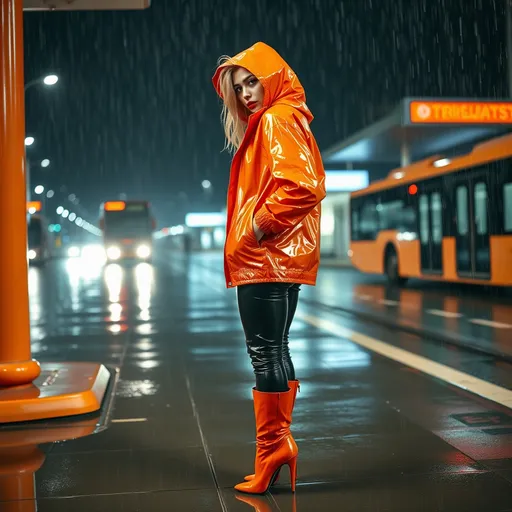 Prompt: 
view from the side, a gorgeous ultra-muscular 25-year-old Czechian drag 
queen bodybuilder is looking to the camera with an open mouth and red lips. ankle boots with stiletto  high heels and short leather pants.  the gorgeous ultra-muscular 
25-year-old Czechian drag queen bodybuilder is standing at a bus station wearing a shiny, bright orange rain jacket. She is outdoors, with heavy rain pouring down. The scene captures the futuristic environment, with wet streets and a sterile atmosphere in the night. Her hair is completely soaked, with water dripping from it, and the short rain jacket is drenched with water. There are abundant water droplets visible everywhere—in the air, on the gorgeous ultra-muscular 25-year-old Czechian drag queen bodybuilder's hair, on her partially covered short rain jacket, on the knee-length leather pants, and on the ground—emphasizing the intense rainfall and the thoroughly wet environment. a lot of white paint with big drops on her pants and top