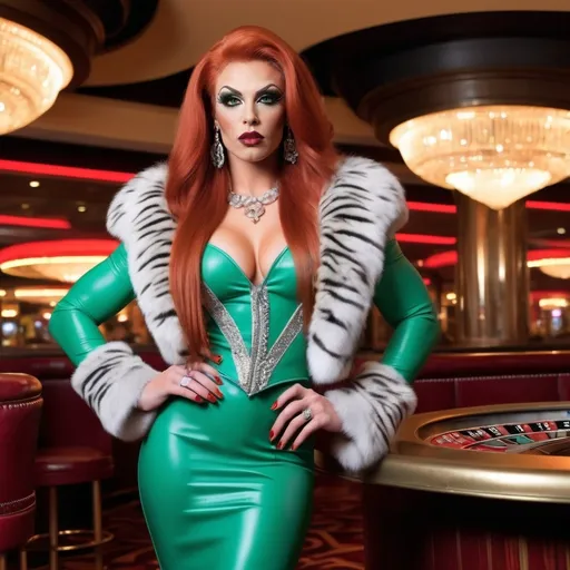 Prompt: Gorgeous muscular 25-year-old British drag queen (srong masculine jawline and brow facial features) bodybuilder with large busom and long bright red hair, green eyes, silver jewelry, silver bolero jacket with tiger and fur trim, leather bustier & knee-length pencil skirt with silver trim, long shapely legs, 8 inch stiletto high heel shoes, Art Deco casino, 8k photo, stylish, elegant, art deco, luxurious setting, professional lighting, high quality, detailed clothing, glamorous atmosphere, bosomy physique