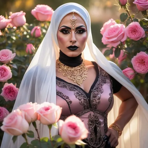 Prompt: (Gorgeous muscular 35-year-old Afghani drag queen bodybuiler with large busom, dark eye makeup, and dark lipstick) standing amidst blooming pink roses, her face subtly veiled in soft, golden light creating an ethereal effect, wearing a pristine white hijab that contrasts gently with the vibrant petals. The atmosphere exudes serenity and grace, surrounded by delicate pink hues, capturing an enchanting and mystical ambiance. The quality is ultra-detailed, ensuring depth and clarity in this spiritually uplifting scene.