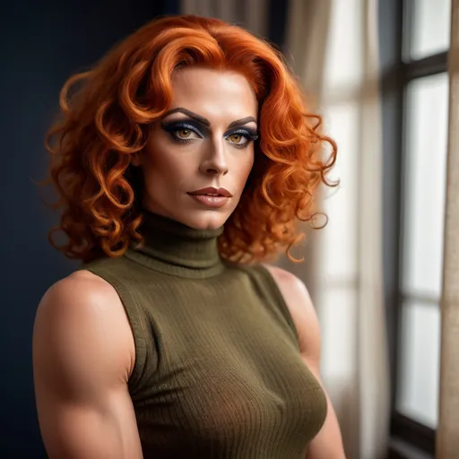 Prompt: Gorgeous muscular 35-year-old German drag queen (strong masculine  jawline  and 
brow  features) with curly dark orange hair, wearing an olive long knitted turtleneck shirt and navy blue shorts , (modeling pose), (close up ), inside a softly lit room, (white curtains gently swaying),  captured in an extremely detailed (oil painting style), (photorealistic), sunlight streaming through the woman  , she is looking out the window and  holding the curtains with her hands ,(artistic modeling pose) ,high resolution , detailed , bright colors