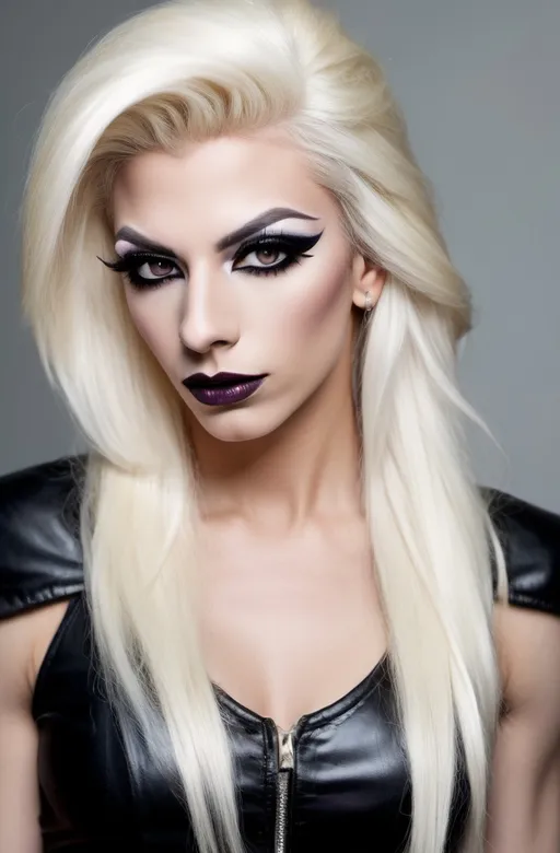 Prompt: Location: Random
Hair color: bleach blonde
Hair length: Random
A high definition hyper-detail live action digital photograph of the most masculine 25-year-old, athletic, Syrian drag queen ever. Masculine jawline, chin and brow. Dark eye makeup and dark lipstick. Wearing a gorgeous ensemble of men's and women's clothing with 8 inch stiletto high heel shoes.