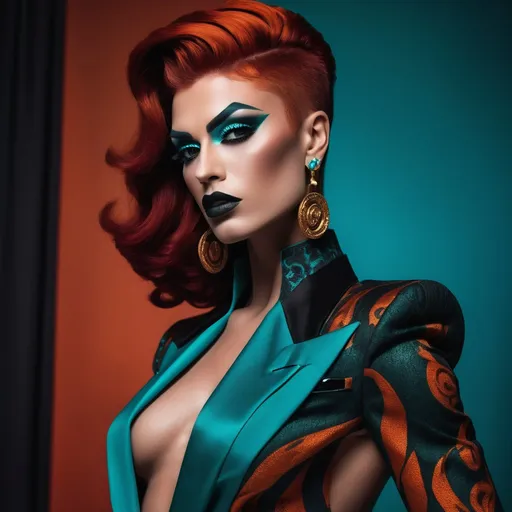 Prompt:  (A gorgeous muscular 25-year-old Macedonian drag queen (masculine jawline and brow features) with dark eyeshadow, 
dark lipstick,  and dark orange hair wearing a teal Versace), fierce pose, dramatic (red and black color palette), high-fashion editorial style, luxurious fabric textures, sleek and chic outfit details, vivid presence, modern ambiance, strong emotional intensity, cinematic lighting, backdrop of elegant high-fashion runway, (ultra-detailed, 4K).