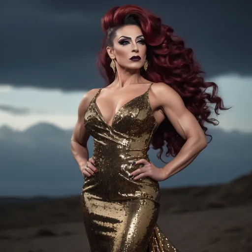Prompt: Gorgeous muscular 35-year-old Turkish drag queen bodybuilder with long dark red flowing updo hair, dark eyeshadow and dark lipstick, long gold flowing sequined gown, romantic outdoor setting, dramatic sky, An ultra-realistic photograph captured with a Sony α7 III camera, equipped with an 85mm lens at F 1.2 aperture setting,  The image, shot in high resolution and a 16:9 aspect ratio, captures the subject’s natural beauty and personality with stunning realism –ar 16:9 –v 5.2 –style raw