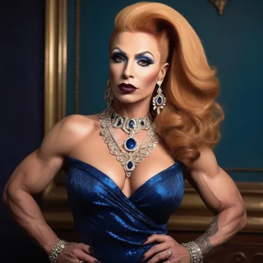 Prompt: Glamorously dressed gorgeous muscular 35-year-old olive-skinned Turkish drag queen bodybuilder (strawberry-blonde hair, dark lipstick, drag queen facial features) of the 1990s, adorned with exquisite sapphire jewelry, striking deep blue eyes, vintage fashion with elegant silhouette, intricate details in designer clothing,  luxurious ambiance, soft lighting.