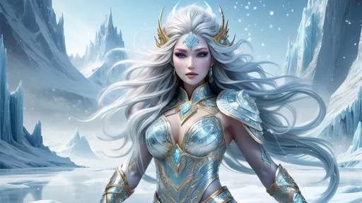 Prompt: Ice warrior goddess with ice skin and long flowing frozen hair, armor with gilded patterns and ice, superpower is ice, embodiment of the Yeti, dynamic pose