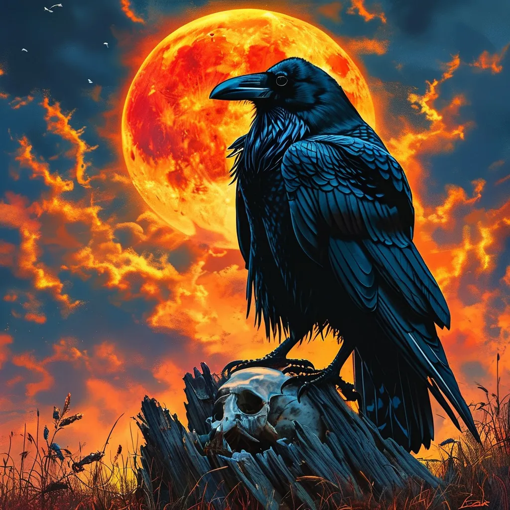 Prompt: A raven sitting atop a human skull lit by a blood moon