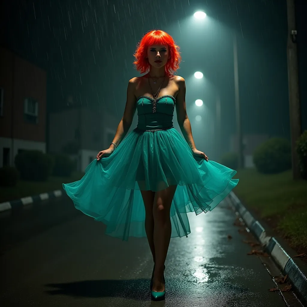 Prompt: dark street, Croatian ultra-muscular dance drag queen with bright red hair wearing very short teal color transparent frock and 8 inch stiletto high heel shoes. that girl show using turned on street lamp. she is stand under the lamp. background is dark. little raining . she is wet. body figures are showing under the dress.