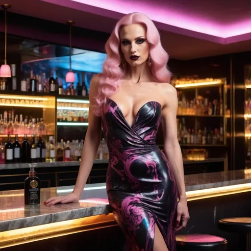 Prompt: Beautiful completely hairless (except for long wavy pink head of hair) 35-year-old Russian muscular man with dark eyeshadow, dark lipstick, heavy mascara,  wearing a gorgeous flowing Versace gown and 8 inch stiletto high heel shoes,  standing near the bar of a high end nightclub.