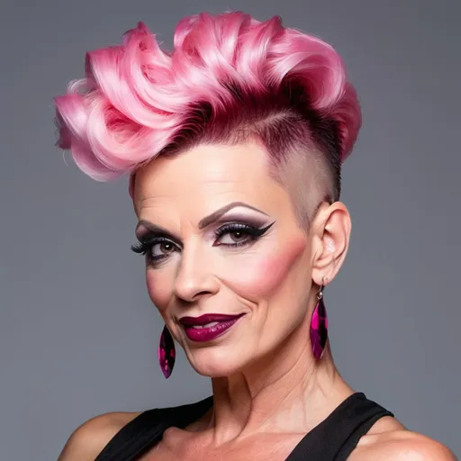 Prompt: side buzzed fade longer updo top cut with a pink trendy moehawk, hair cut sample, fashion magazine, high focus on trendy hairstyle, gorgeous 40-year-old Czechian drag queen bodybuilder model with thick eyeshadow and dark red lipstick, flirty, confident smile --ar 9:16 --v 6.0