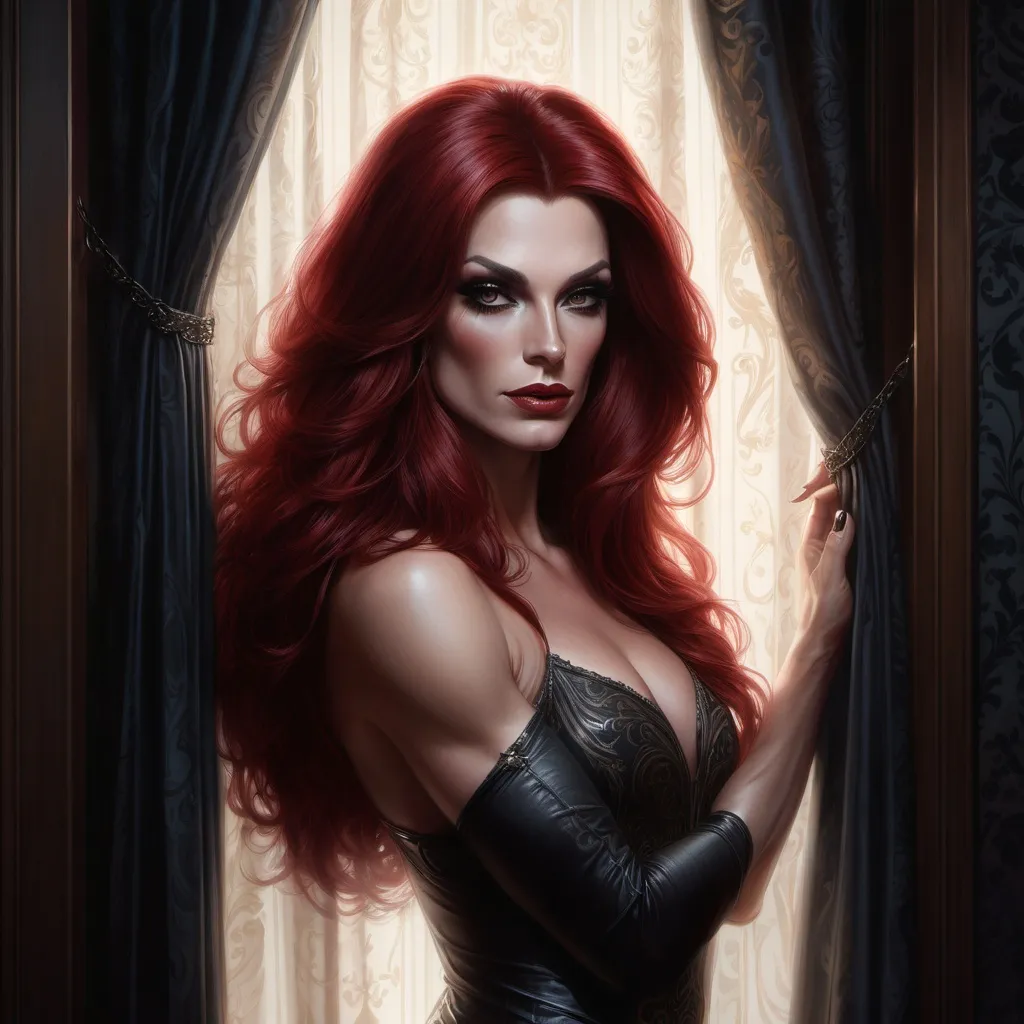 Prompt: a gorgeous muscular 35-year-old French drag queen with a long dark red hair standing in a doorway with a curtain behind her and a light shining on her face, Charlie Bowater, gothic art, highly detailed digital painting, a photorealistic painting