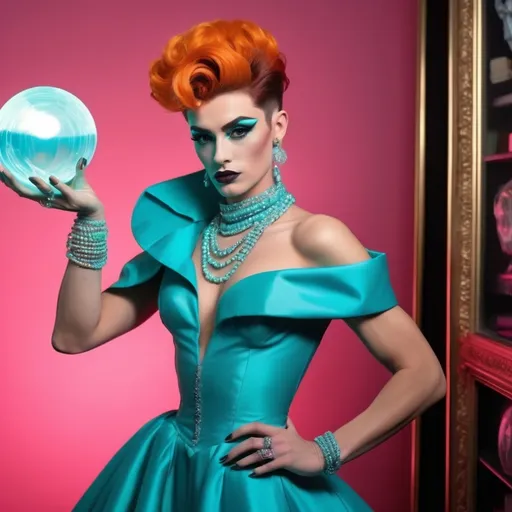 Prompt: James Dean dressed as a gorgeous muscular 25-year-old British drag queen (with masculine facial features) with dark eyeshadow,  dark lipstick, and orange updo hair, wearing a neon teal Coco Chanel dress holding crystal ball filled with lightning, Ayshia Taşkın, private press, hourglass slim figure, a pastel