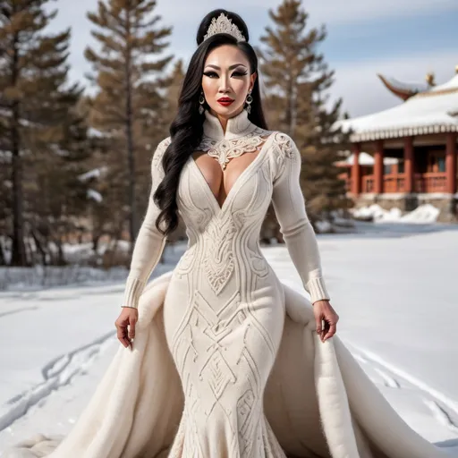 Prompt: A gorgeous muscular 35-year-old mongolian drag queen bodybuilder wearing a detailed knitted wool weddingdress with a long train made of wool, wool knitted wedding dress, winter, at an outdoor boho wedding --ar 2:3