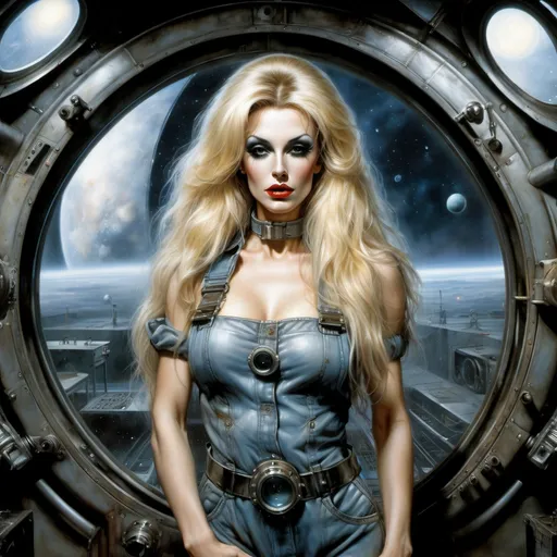Prompt: image in the style of Boris Vallejo, Luis Royo.
An image of a 35-year-old French drag queen with a perfect open body and long blonde hair, wearing an old overalls pulled down to her waist. She stands in a dark and gloomy biological laboratory of an interplanetary station. in the background: a large rectangular panoramic porthole with a view into space, control panels, greenish backlighting. detailed masterpiece.