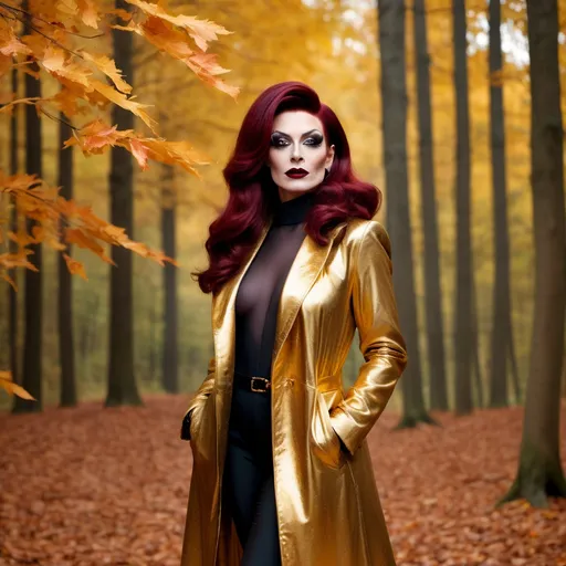 Prompt: Beautiful French drag queen, 35-year-old, dark red hair, in autumn forest in gold long fashion coat, dark eyeshadow and dark lipstick,  very strong masculine jawline and brow,.