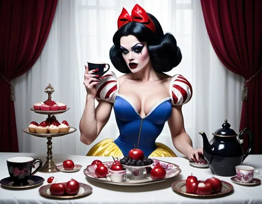 Prompt: If Snow White was a gorgeous hyper-muscular 25-year-old drag queen bodybuilder with Dark eye makeup and dark lipstick. Wearing 8 inch stiletto high heel shoes. Having a tea party.