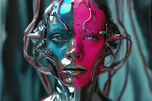 Prompt: a gorgeous masculine 25-year-old drag queen's face is futuristically transformed into a chrome-plated structure covered in wires. The left blue eye is shown in photo-realistic detail. the right eye futuristic. It is surrounded by turquoise and pink detailed small shapes against an abstract background that depicts dark tones as dripping paint p