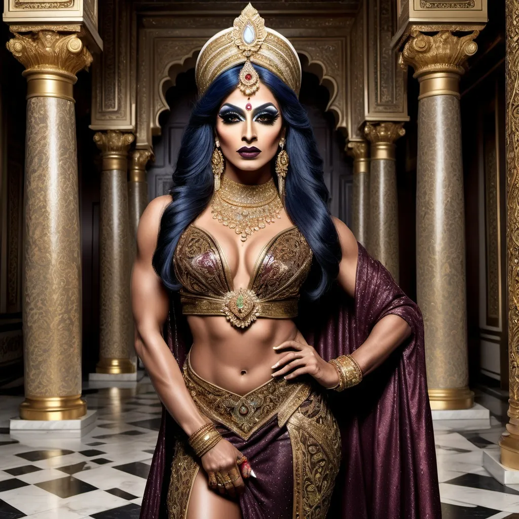 Prompt: A futuristic rendition of Indian royalty, where a gorgeous muscular 35-year-old Pakistani drag queen bodybuilder (dark eyeshadow,  dark lipstick,  heavy mascara) is dressed in a dazzling outfit featuring traditional Indian elements like rich silk, gold embroidery, and intricate jewelry, but with a high-tech twist. The palace is a blend of old and new, with ancient marble columns adorned with glowing circuit patterns, and holographic elephants walking through the palace courtyard. The scene is bathed in soft, ethereal light, creating a majestic atmosphere