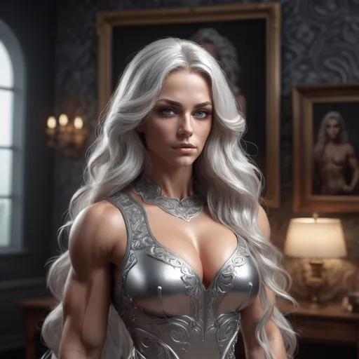 Prompt: Full-length portrait of a Gorgeous ultra-muscular 25-year-old Swedish goddess bodybuilder with huge busom and ridiculously long wavy silver hair wearing classic dress at a home,  perfect detailed face, detailed symmetric hazel eyes with circular iris, realistic, stunning realistic photograph, 3d render, octane render, intricately detailed, cinematic, trending on art station, Isometric, Centered hiper eallistic cover photo, awesome full color, hand drawn, dark, gritty, klimt, erte 12k, high definition, cinematic, neoprene, portrait featured on unsplash, stylized digital art, smooth, ultra high definition, 8k, unreal engine 5, ultra sharp focus, intricate artwork masterpiece, ominous, epic, trending on artstation, highly detailed, vibrant