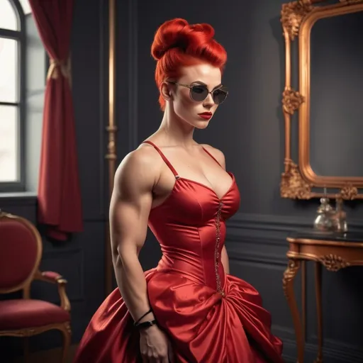 Prompt: 64k Hi-res digital fullbody modeling photograph of a Gorgeous 25-year-old Finnish goddess bodybuilder,  vivid red updo hair, small silver framed sunglasses, warm toned skin, full lips, wide jaw, broad nose, thick eyebrows, full cheeks, rounded features, hourglass figure, smirking, soft dark red lips, bright gold and black Victorian ball gown, 8 inch high heel shoes. Full length Photoshoot. Composition focus on full length of Victorian ball gown. 