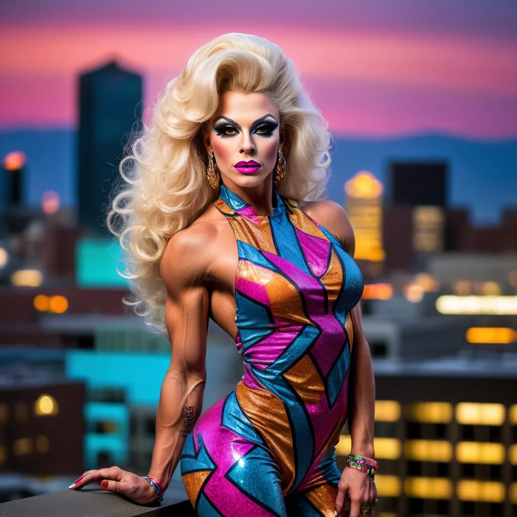 Prompt: A high definition hyper-detail live action digital photograph of a 20th century gorgeous ultra-muscular 25-year-old Czechian drag queen bodybuilder dressed in 1980s fashion clothes and 8 inch stiletto high heel shoes in Boise Idaho