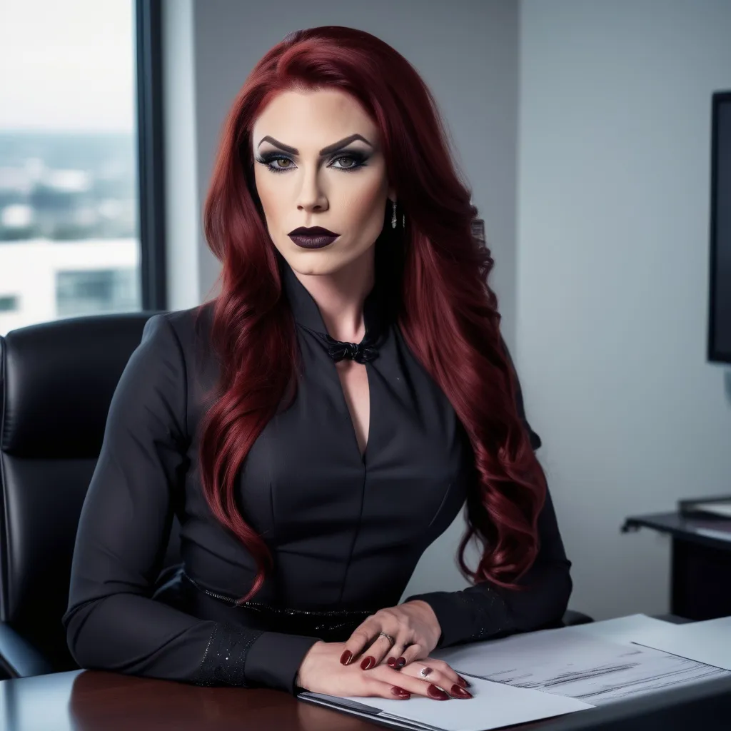 Prompt: Gorgeous, muscular, transwoman (with very strong masculine jawline) with long luscious dark red hair, dark eye makeup,  and dark lipstick wearing a beautiful designer  business dress and heels. Sitting confidently at a desk in an office