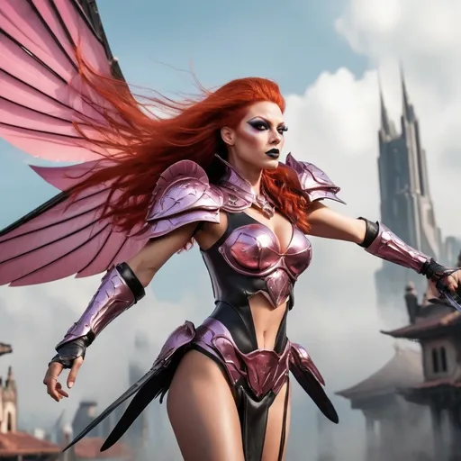Prompt: A photorealistic image of a Gorgeous ultra-muscular 40-year-old drag queen Sky Elf fighter, a lithe and agile warrior with flowing bright red hair and iridescent pink wings, dark eye makeup and dark lipstick, in mid-battle amidst the floating islands of their sky city. The Sky Elf fighter, clad in sleek, shimmering armor that catches the light, wields dual blades with unmatched speed and precision. Their movements are a blur as they attack with the swiftness of the wind, the blades cutting through the air with ease. The scene captures the dynamic motion of combat, with the fighter executing a swift aerial maneuver, their wings catching a gust of wind that propels them forward. In the background, the floating city with its grand, airy architecture is partially shrouded in mist, giving a sense of otherworldly elevation. Art styles: photorealism, action, fantasy. Lighting: natural daylight, dynamic shadows. Camera: wide-angle action shot. Resolution: 8k, ultra-detailed.